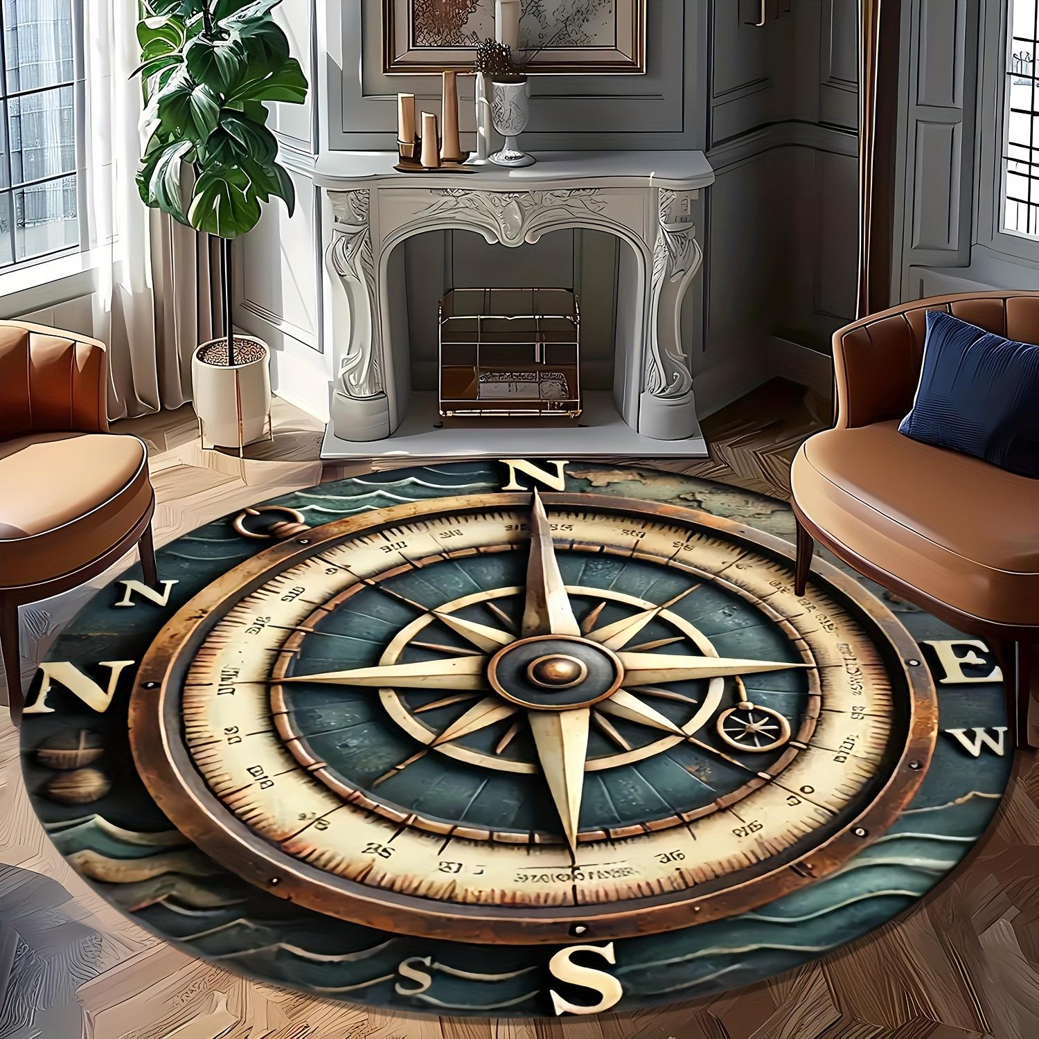 

Compass Pattern Round Area Rug, Washable Soft Touch Mat for Living Room, Bedroom, Entryway, Dining Room, Patio & Garden Decor 80cm