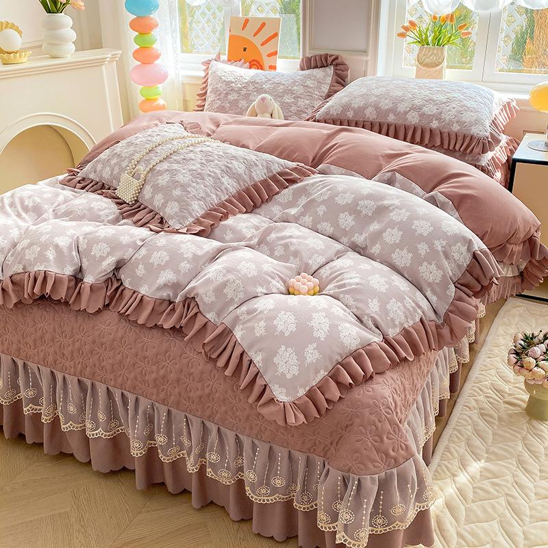 Pure Cotton Double-layer Yarn Quilt Cover Bed Skirt Lace Single-piece Three-piece Four-piece Set Four-season Universal Bed Sheet Quilt Cover