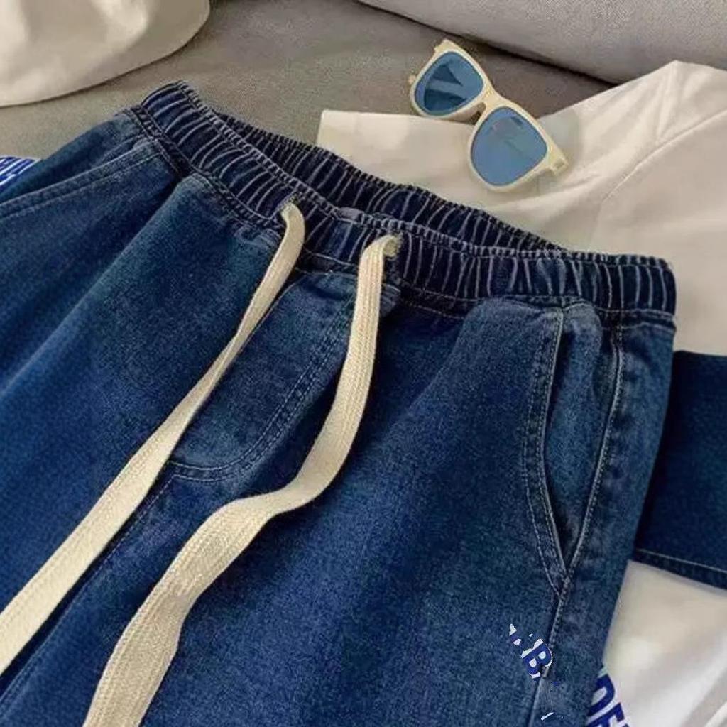 Women's Hong Kong Style Casual Solid Color Wide-Leg Jeans with Elastic Waist and Drawstring Design