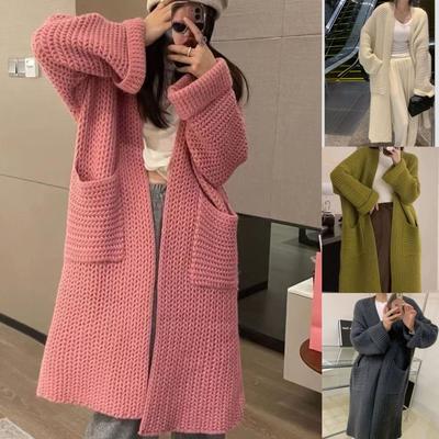 Eleganter langer Cardigan Damen Lässig V-Ausschnitt Einreihig Große Taschen Langarm Damenmäntel Herbst Winter Damen Strickwaren