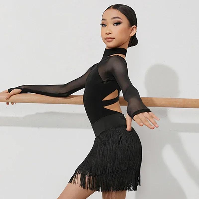 Black Latin Dance Clothing Jumpsuit Girls Long Sleeves Leotard Latin Tops Ballroom Dance Performance Wear Cha Cha Bodysuit Child