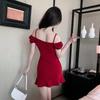 One-word Neck Dress Slim-fitting Bubble Sleeve Pleated Hip-wrapped Suspender Skirt Temperament Small Short Skirt Female Summer