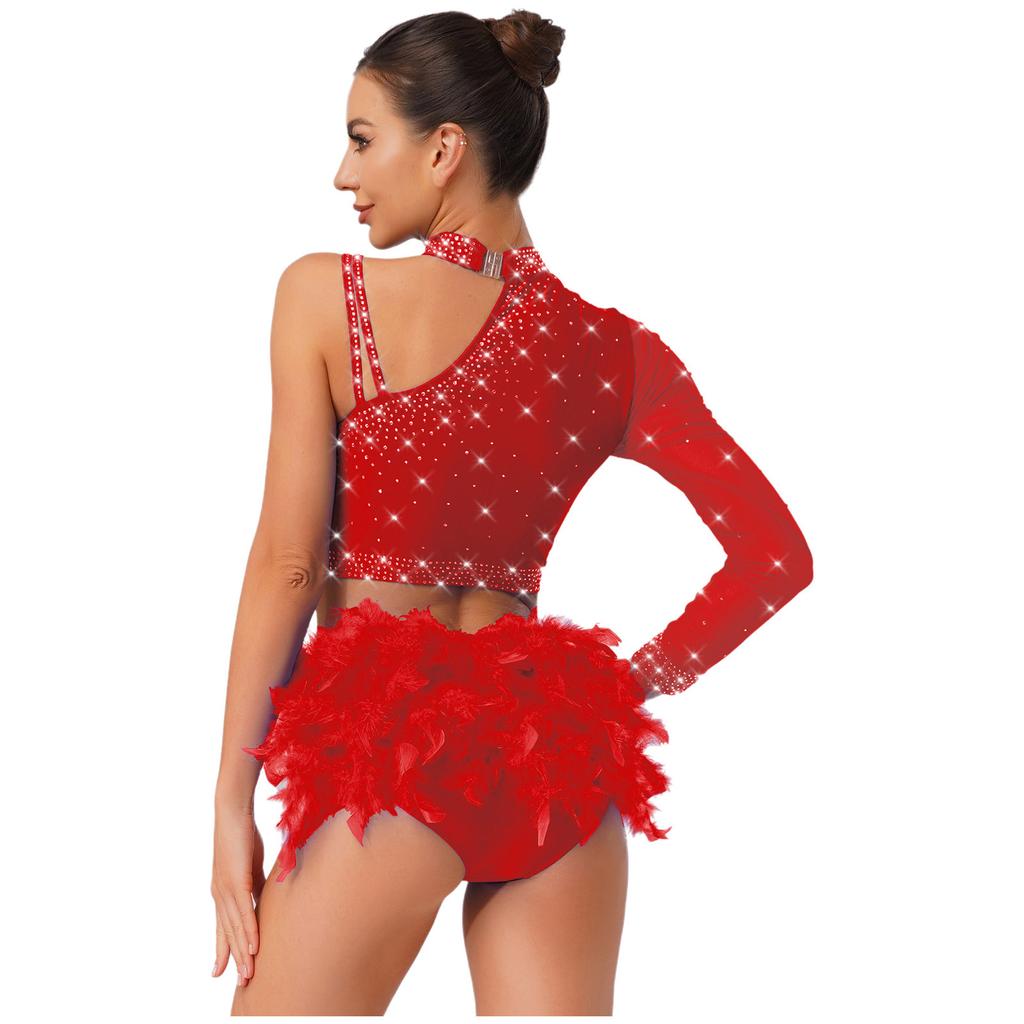 2-Piece Latin Dancewear Set for Womens - Sparkly Rhinestone One Shoulder Crop Top and Feather Back Briefs for Chacha Tango Belly Dance