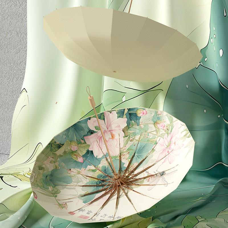 16 Bone Color Glue Parasol Gold Aluminum Alloy Skeleton New Chinese Retro Sun Protection Uv Folding Rain Umbrella