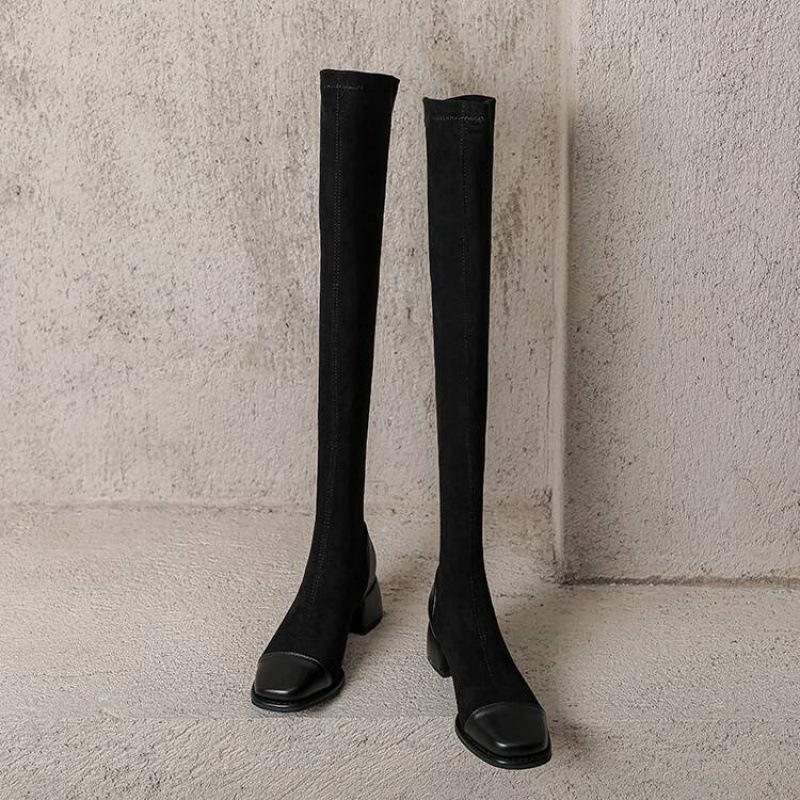 Korean version of the new suede over-knee boots solid color round head square heel sleeve leather boots autumn and winter comfortable rubber sole Mar