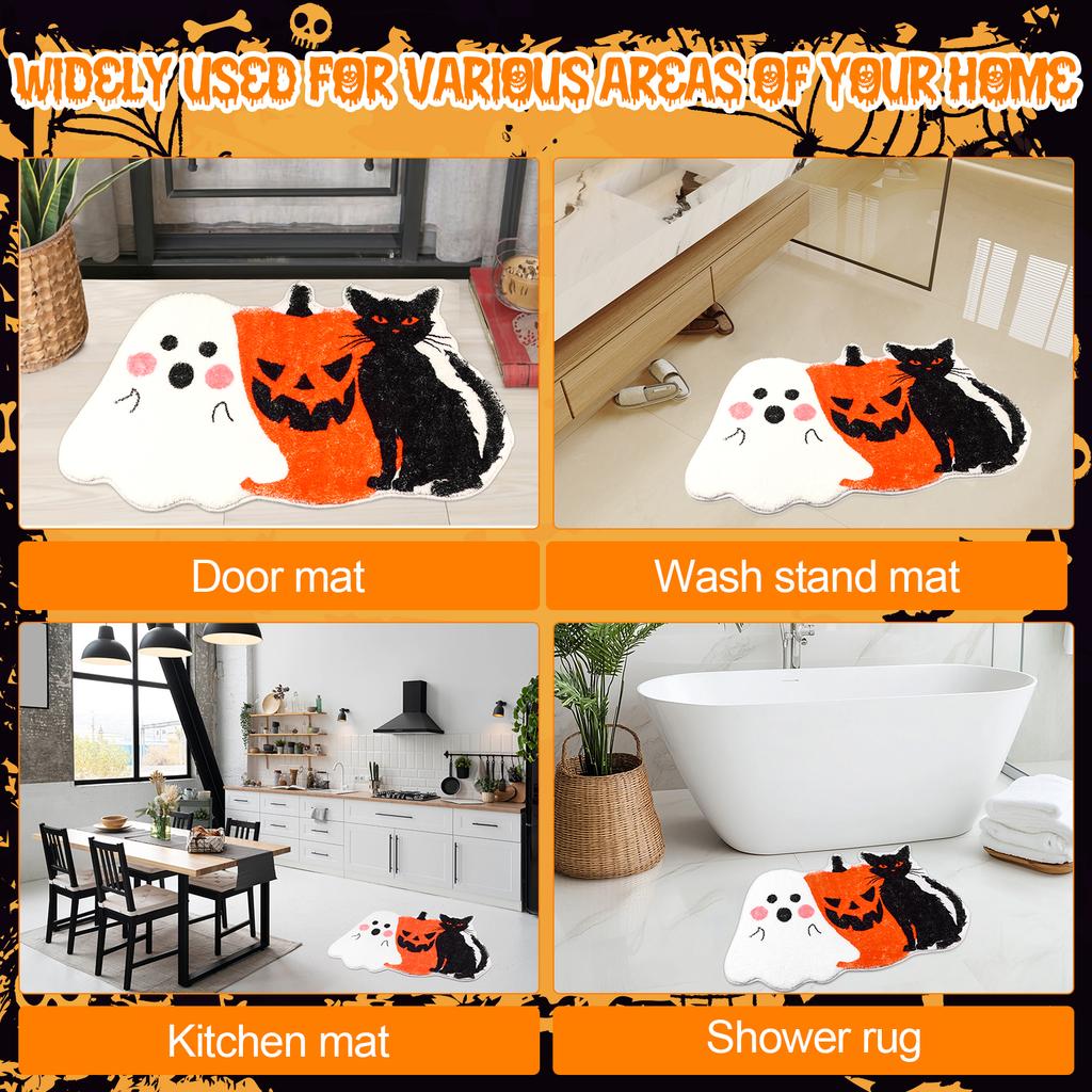 Halloween Badematte Teppich-Kürbis Schwarze Katze Geist Badematte TPR-Rücken Rutschfest Saugfähig Maschinenwaschbar Duschteppich Fußmatte