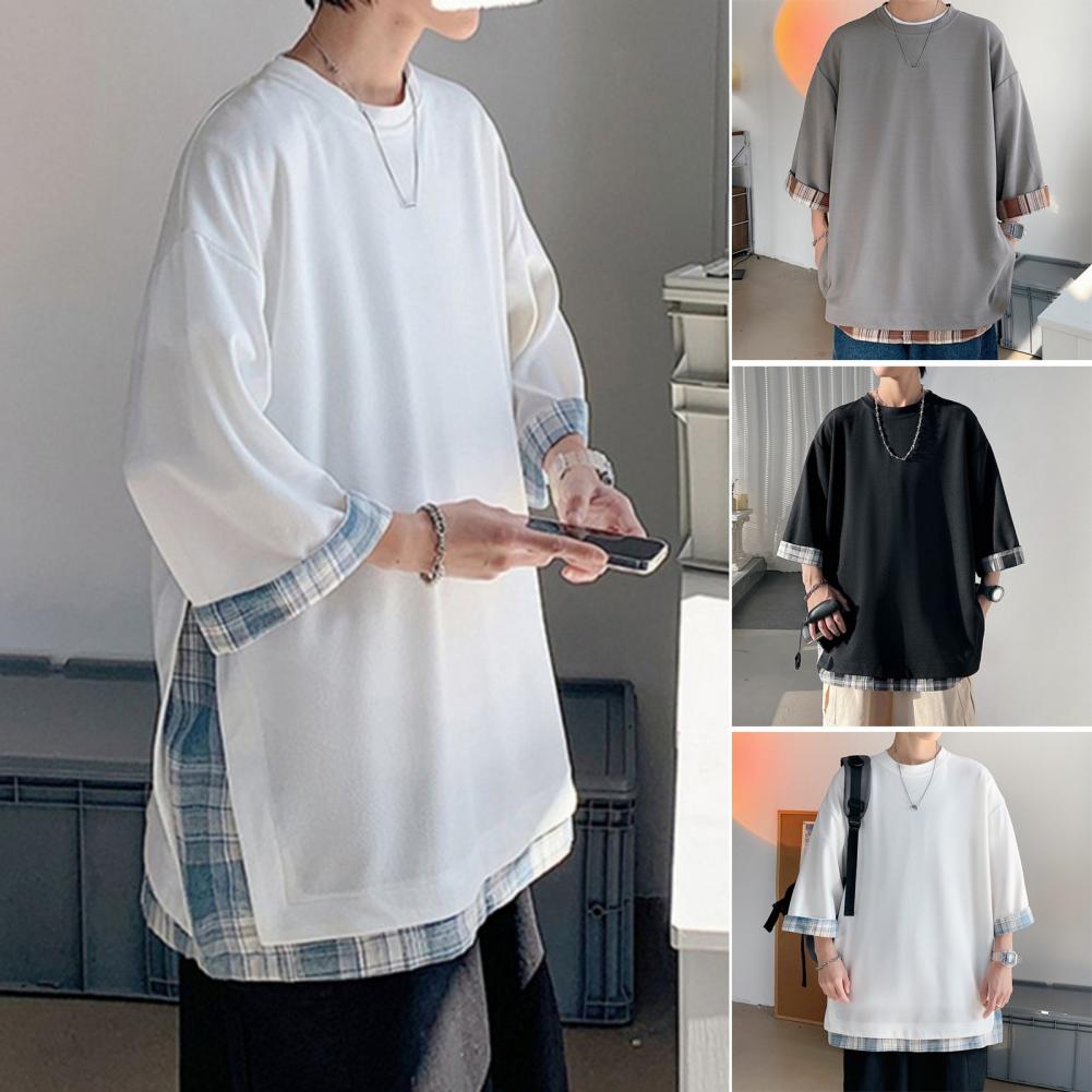 Spring Summer Men's T-shirts Women Oversized 2XL Korean Style Loose Plaid T-shirt Casual Seven Sleeves T-Shirt Male White