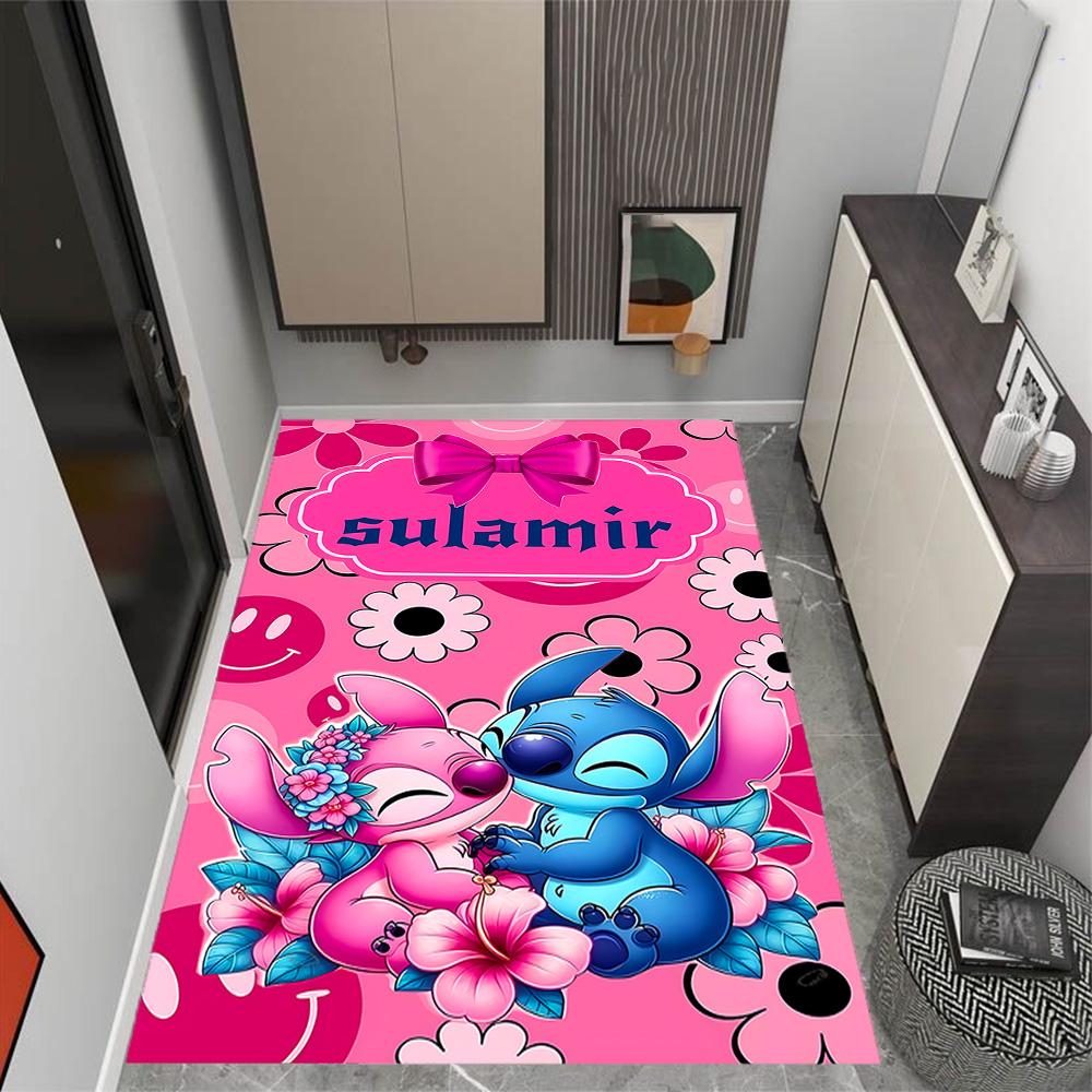 Stitch Adventure In Flowers Disney Cartoon Theme Anti-Slip Rug - Polyester, Home Decor, Suitable for Bedrooms, Living Rooms, Doorways, and Studios