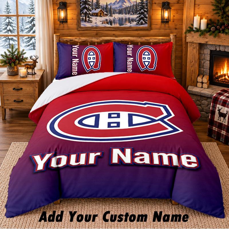 Montreal Canadiens Muster Bettwäsche 3-teiliges Set mit individuellem Namen, Bettlaken und Kissenbezügen für das Schlafzimmer zu Hause