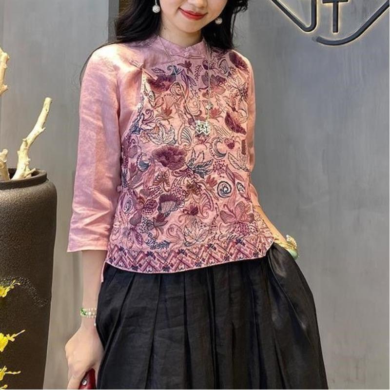Summer New Chinese Style Vintage Round Neck Button Embroidered Loose Asymmetrical 3/4 Sleeve Women's Tops