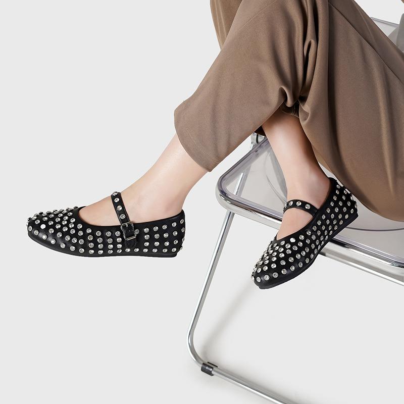Round head one-word buckle with rhinestone rivets Mary Jane single shoes women's flat comfortable ballet dancing shoes