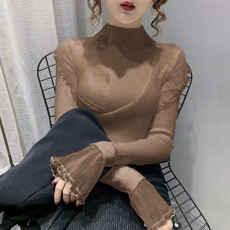 Einfarbiger Temperament-Spitzen-Patchwork Slim Fit Base Pullover Strickpullover