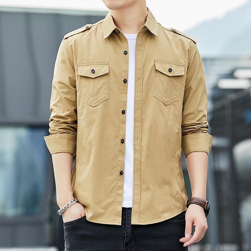 

Мужская повседневная рубашка-куртка с длинным рукавом из хлопка приталенного силуэта в корейском стиле XXXXL хаки