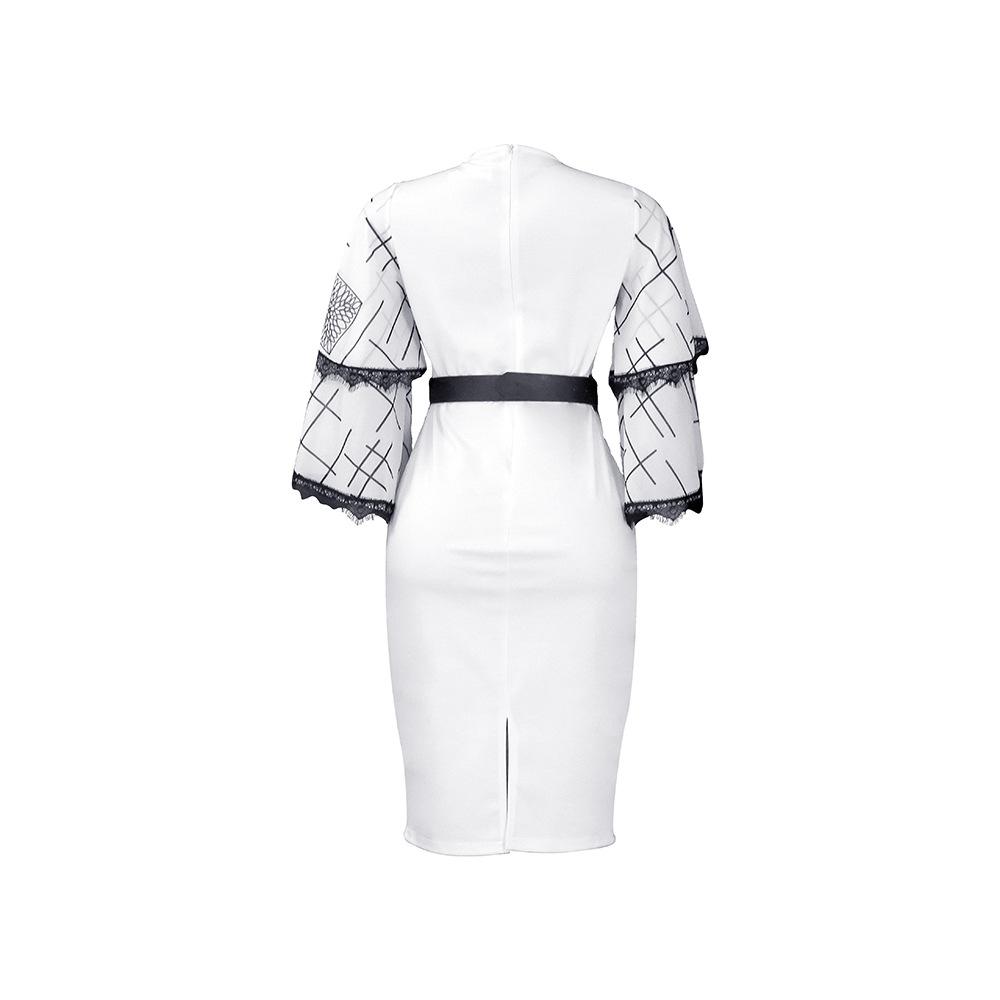 Large Size Women Summer Fashion Flare Sleeves Dress Ladies One Piece V Neck Sheath Dress with Belt