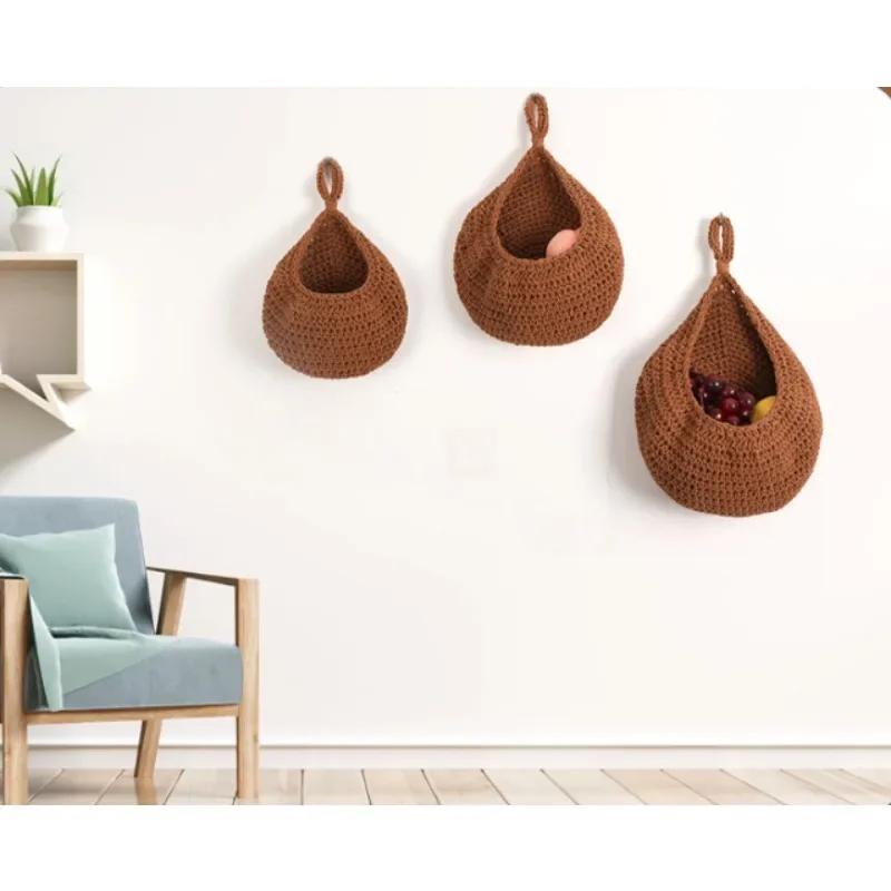 3 Stück Handgestrickte Körbe Boho Wandbehang Aufbewahrungsorganizer Küche Heimdeko Leinen Obst Gemüse Zwiebelregal Restaurant