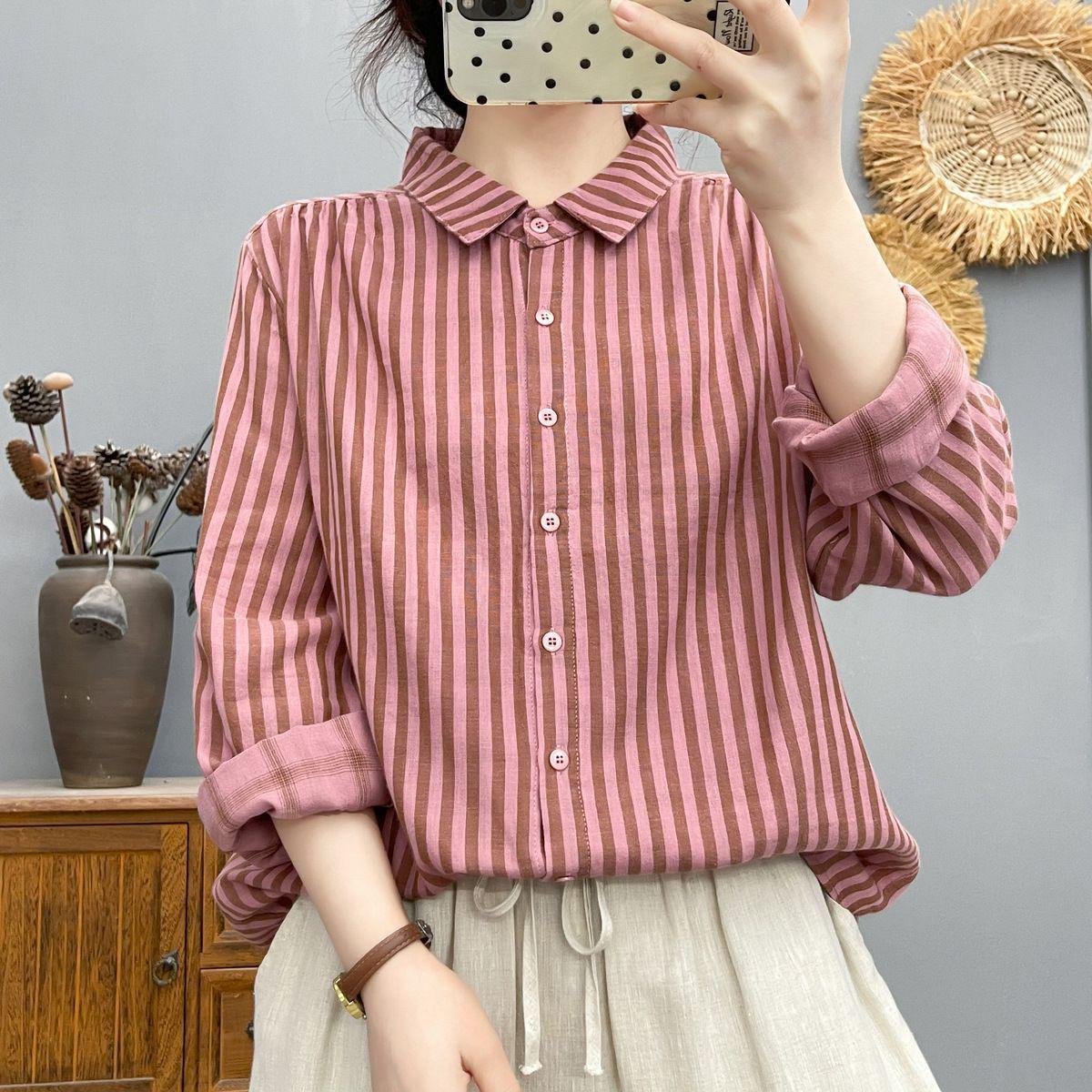 Women s Vertical Stripe Long-Sleeve Cotton Shirt - Spring & Autumn Slim Fit Small розовый