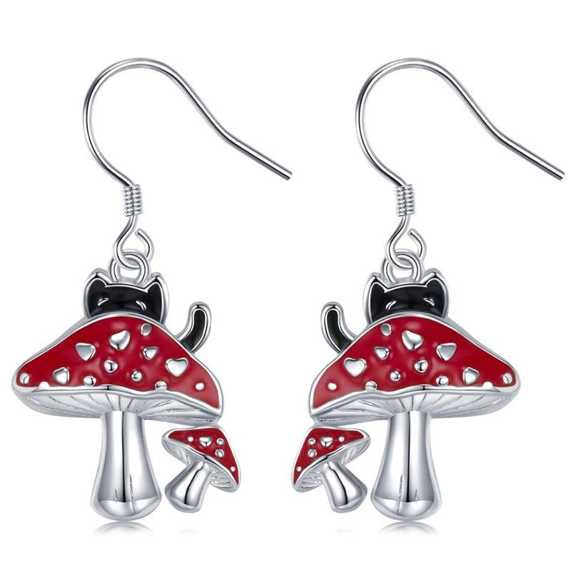 Silver Plated Enamel Mushroom & Black Cat Drop Earrings, Whimsical Forest Dangle Earrings for Women