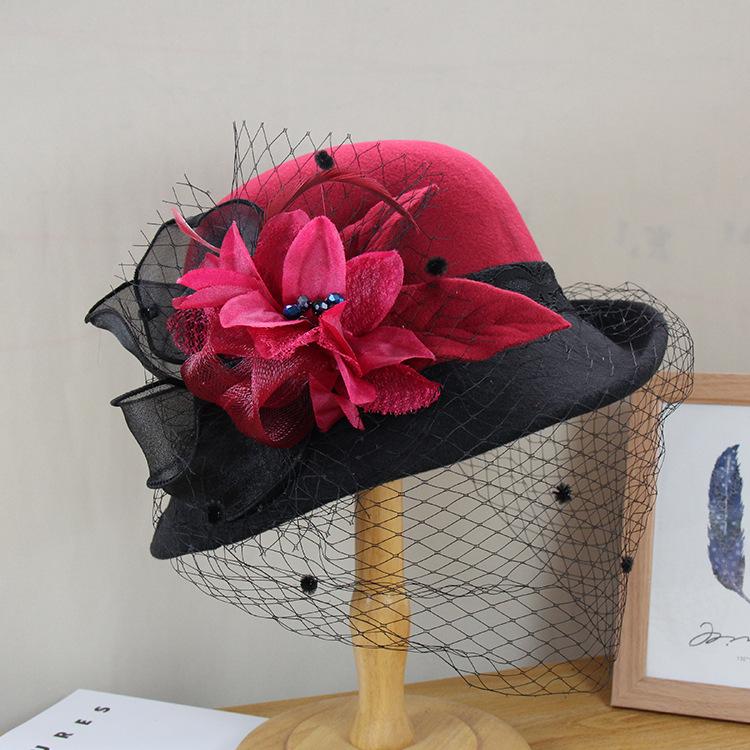 Woolen Hat Women'S Autumn And Winter British Retro Versatile Basin Hat Hepburn Mesh Flower Crimped Top Hat