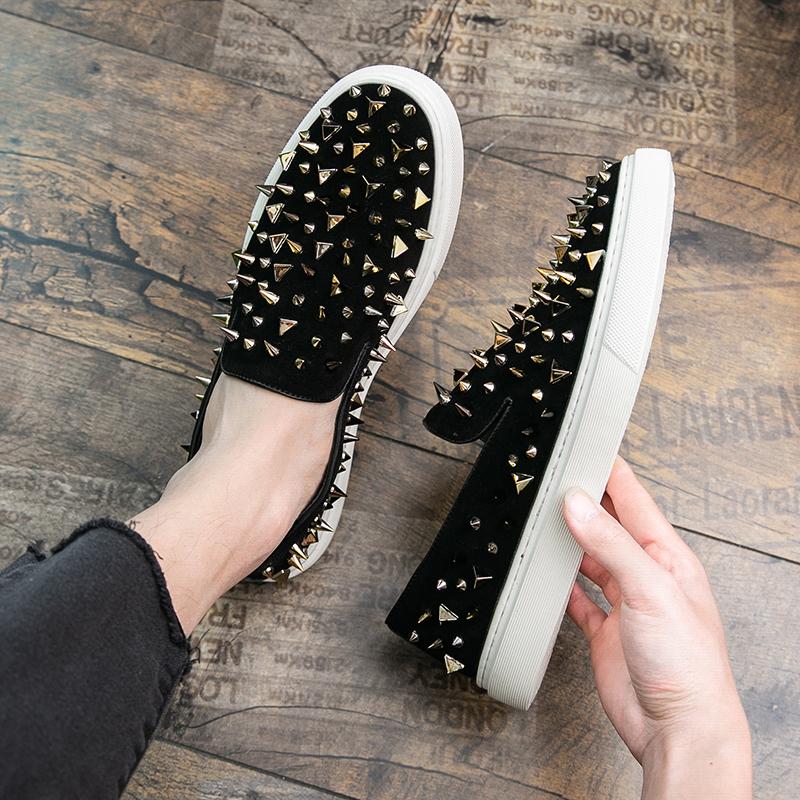 Fashion Trend New Men's Gold Slip On Punk Rivet Loafter Leisure Leather Shoes Male Comfortable Sneakers Tenis Masculino Zapatos Hombre