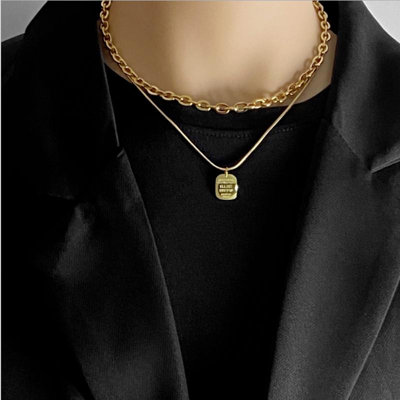 Square Brand Letter Double Chain Necklace Female Fashion Stacking Necklace Personality Clavicle Chain Titanium Steel Stitching