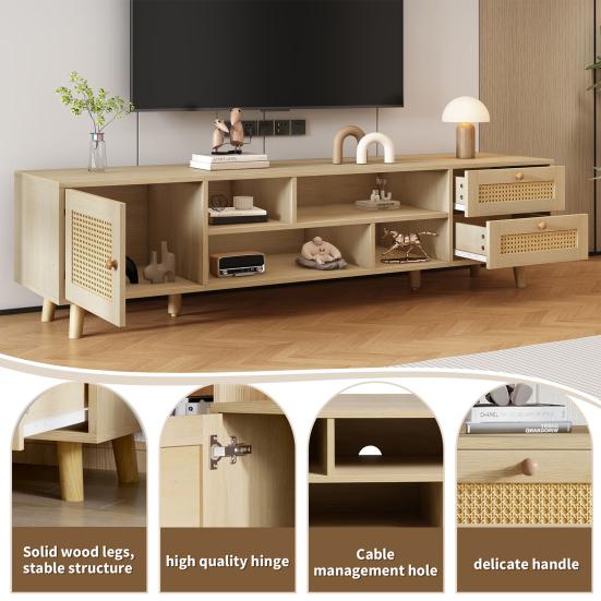 TV Cabinet Premium 160cm Wood-Colored Rattan for 70-Inch TV-Cable Management 2 Drawers Entertainment Center 1 Door Cabinet Base Living Room