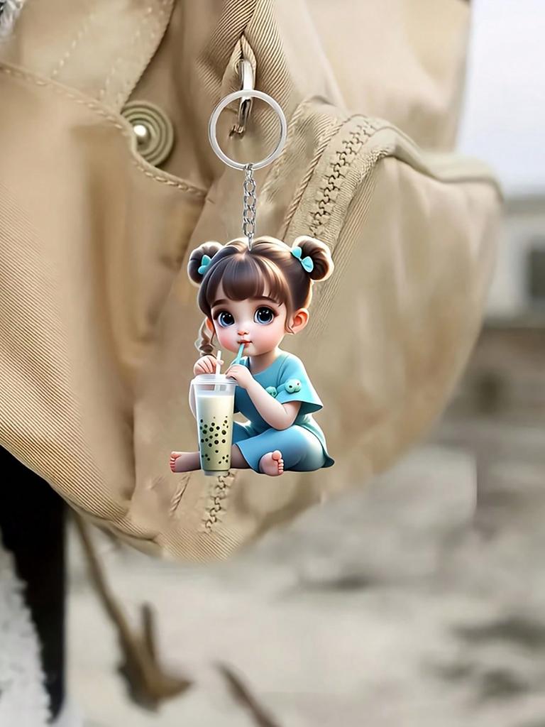 1 Cute Acrylic Girl Keychain, 2D Flat, Holiday Gift, Backpack Accessories, Key Decoration, Car Decoration, Keychain, Pendant