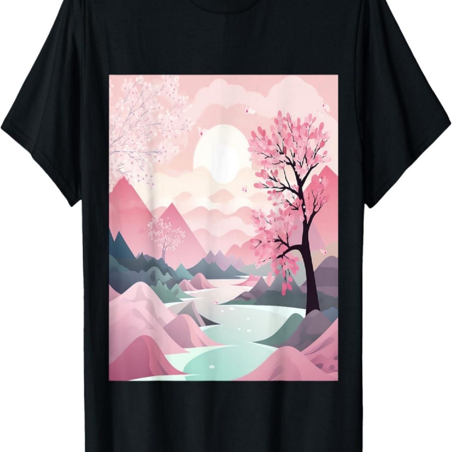 Serenity in Soft Hues Pastel Peaks with Cherry Blossoms T-Shirt S