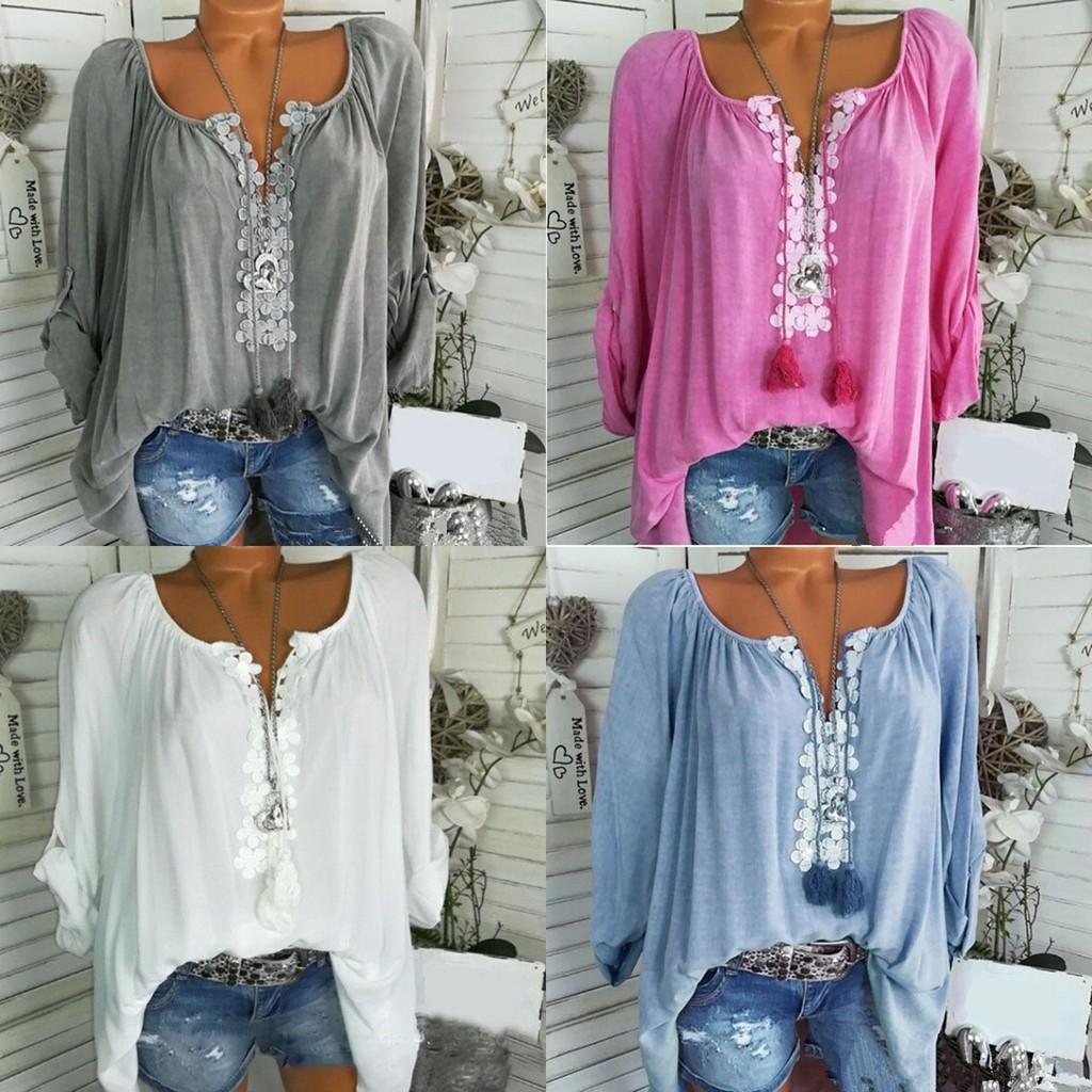 Elegant Plus Size Women Boho Long Sleeve Blouse Baggy Tops With V Neck Design