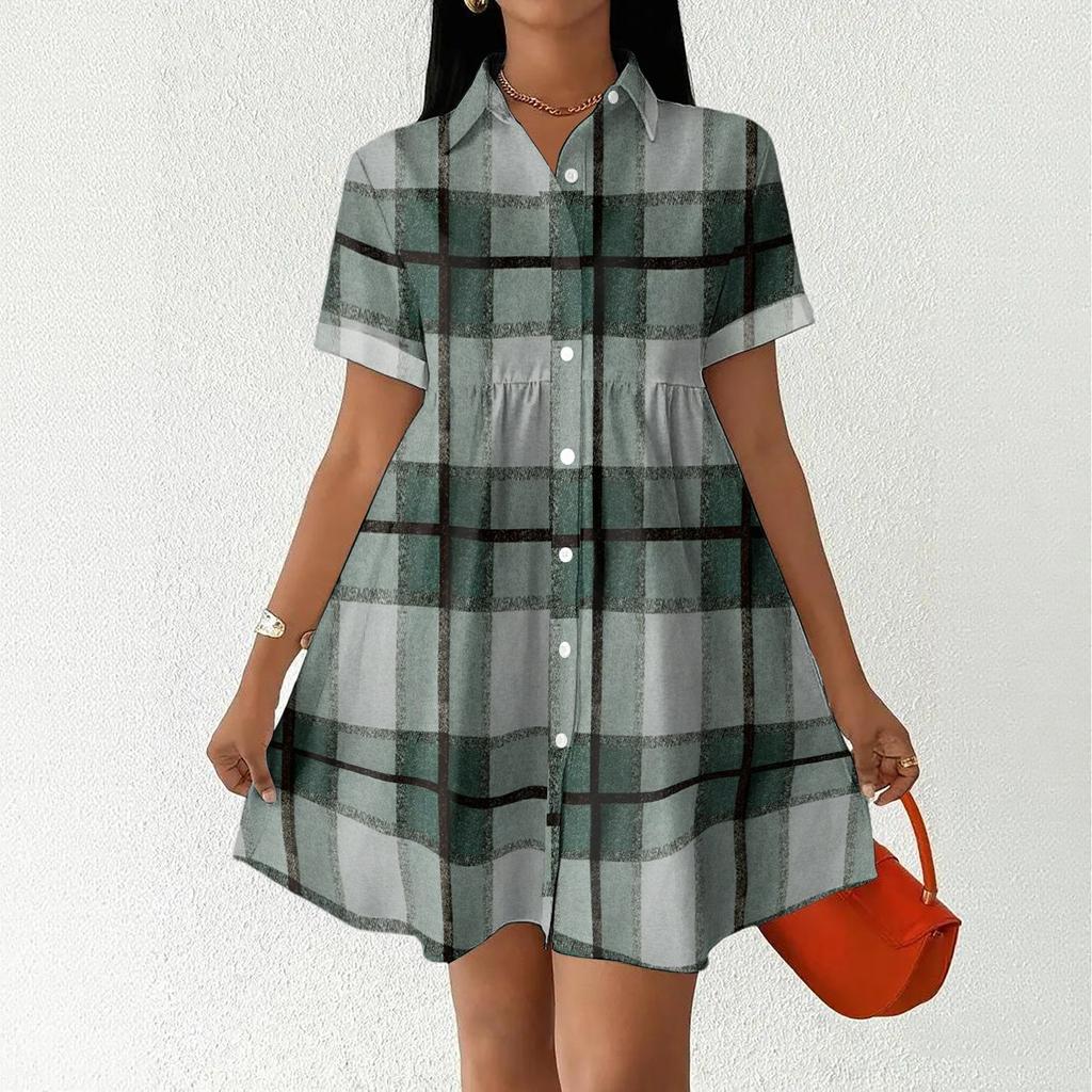 Women Casual Loose Fit Shirt Dress Button Front Short Sleeve Collared Dress Lightweight Plaid Pattern Summer Dress