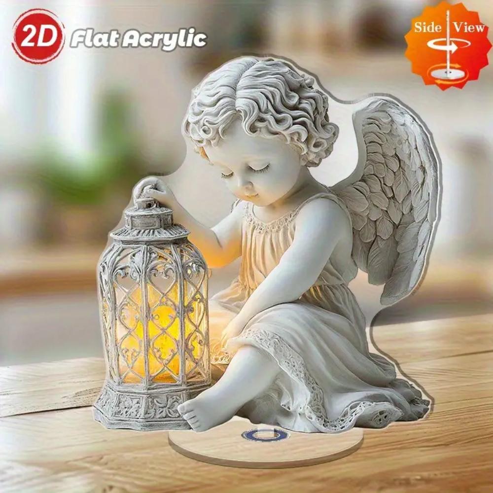 Elegante Angelo Rotante 2D in Acrilico con Lanterna, Base Stabile e Leggera Decorazione per Casa, Ufficio, Chiesa e Cimitero, Perfetto per Natale, Matrimoni