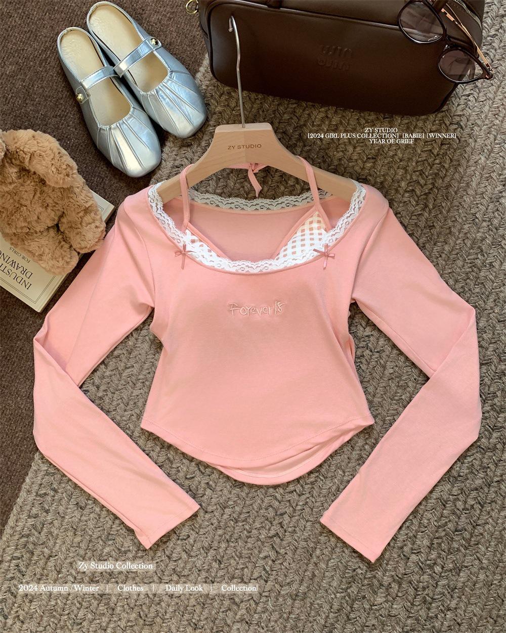 

Женская облегающая футболка с длинными рукавами из чистого синего кружева — шикарный, милый и пикантный топ ранней осени One size 75-120 jin