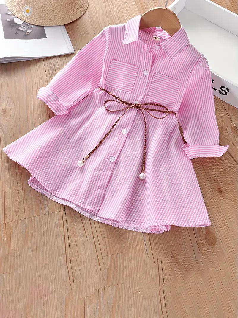 2025 Spring/Autumn Girls  Trendy Striped Shirt Dress - Fashionable Korean Style 130cm (7-8Y)