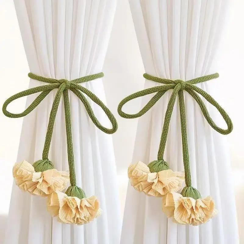 Elastic Band Curtain Tieback Flower Shape Adjustable Window Curtain Buckles Tassels No Punching Curtain Rope Holders Kids Room
