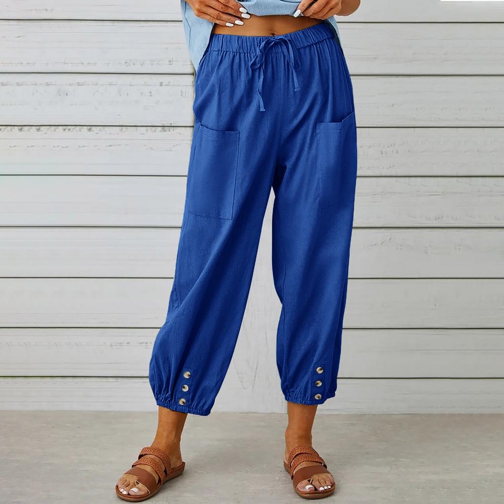 Women's High Waist Linen Pants Loose Fit Cropped Trousers Solid Drawstring Button Casual Fall Harem Pants