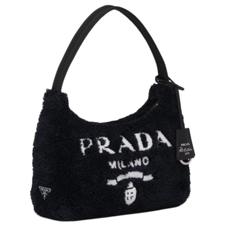 Prada Re-Edition Logo Zip Closure Terry Fabric Underarm Mini Tote Bag Women bags Black 1NE515_2DXO_F0967