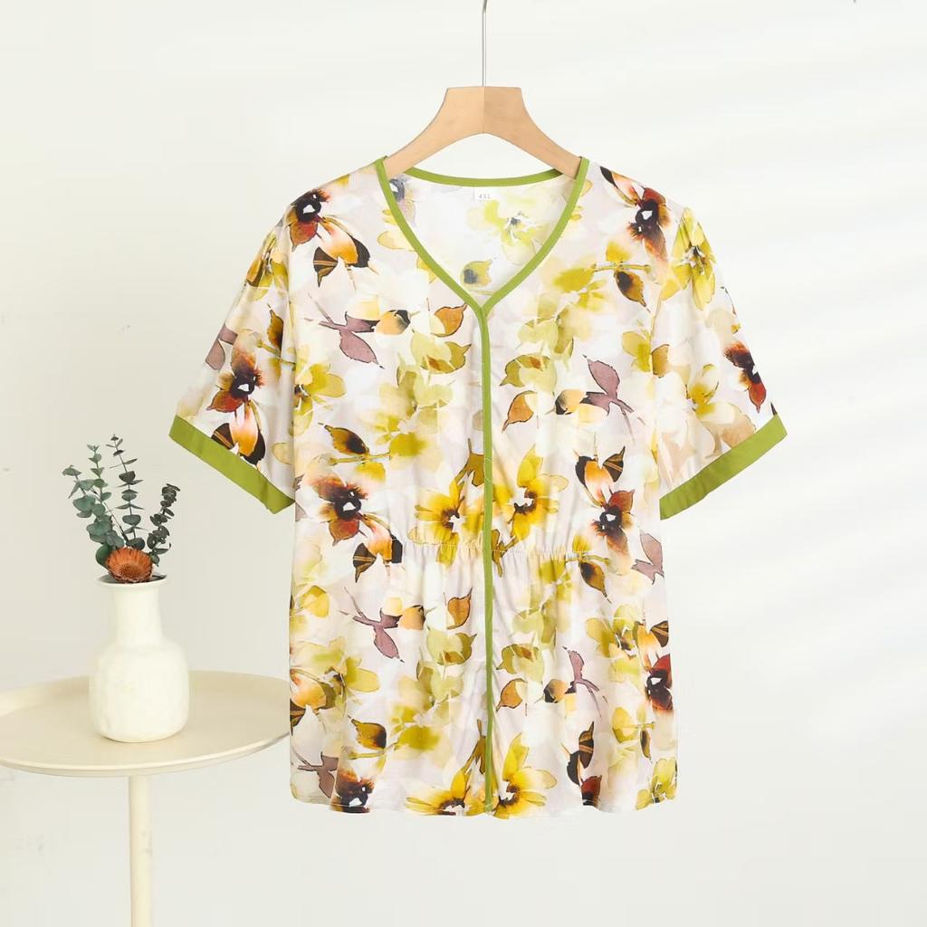 Cotton Short-sleeved T-shirt Annual Mom Clothes Ladies Tops Summer Thin Chinese Style Printing Loose Floral Shirt