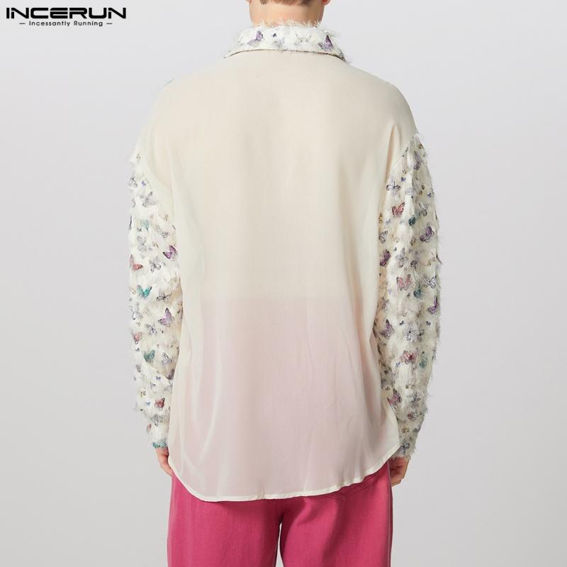 INCERUN Men Long Sleeve Print Patchwork Tassel Casual See Through Shirts
