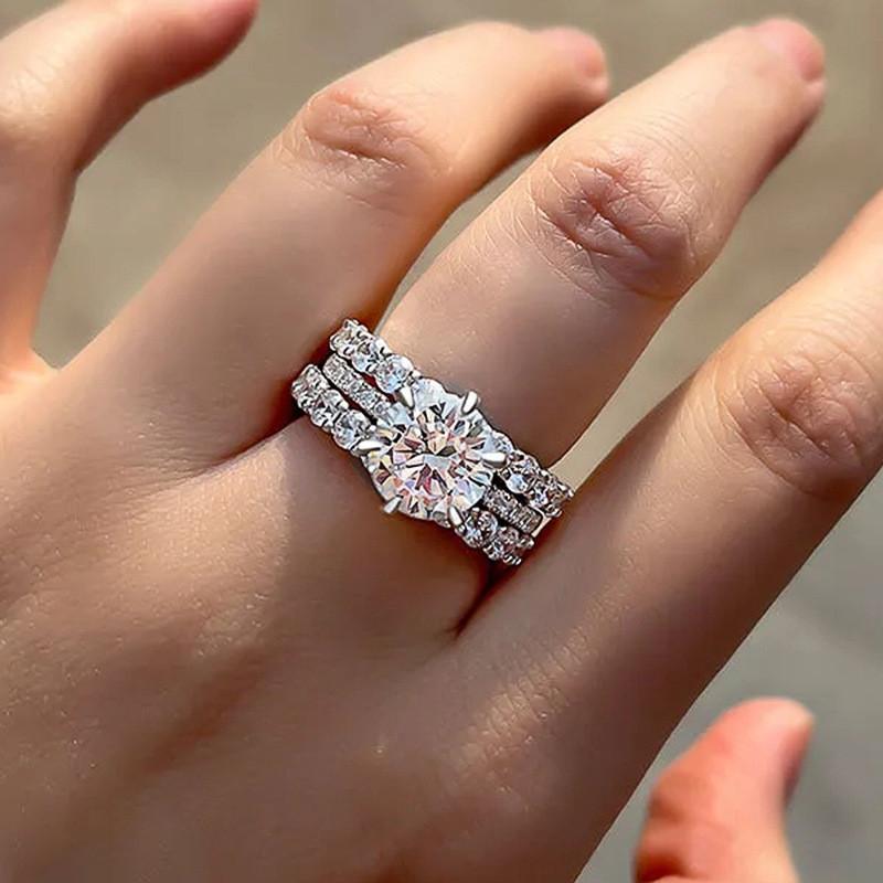 Classic Sterling Bridal Rings Women for Wedding Brilliant White Cubic Zirconia Trend 3Pcs Female Rings Jewelry