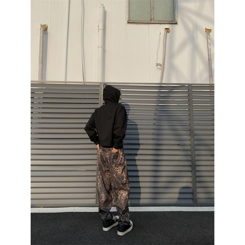 Mens Hip Hop Leopard Print Straight Leg Pants Casual Loose Wide Trousers Daily Wear