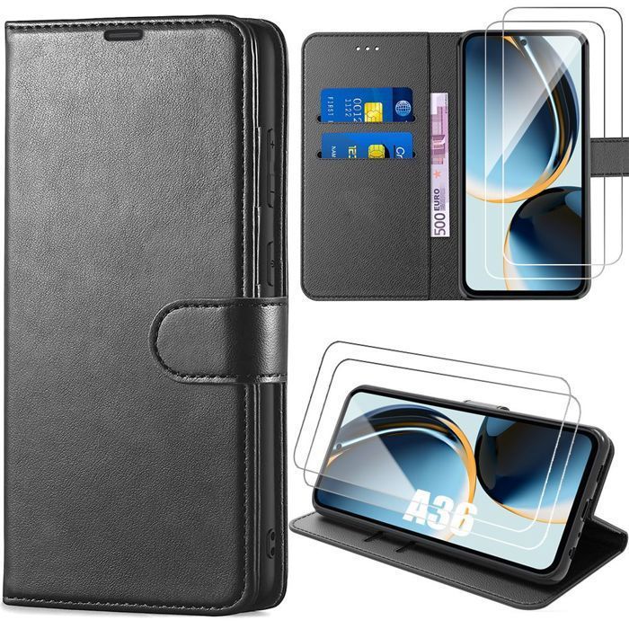 Coque de protection - BOOLING - Samsung Galaxy A36 5G - Effet Cuir Noir - 2 Verres Trempés - Antichoc