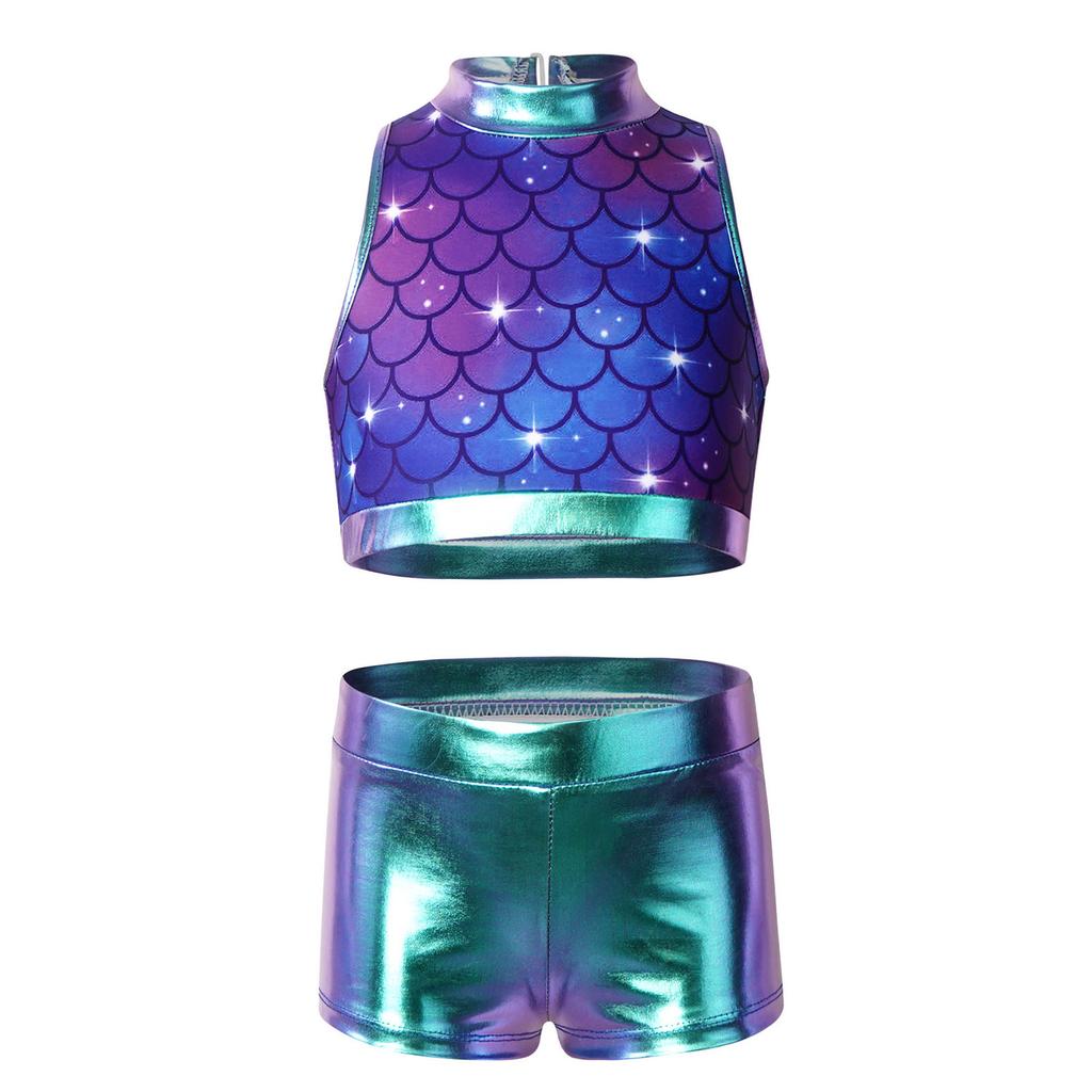 Kids Girls Two-Piece Dance Set Sequined Sleeveless Crop Top Metallic Bottoms Performance Outfit