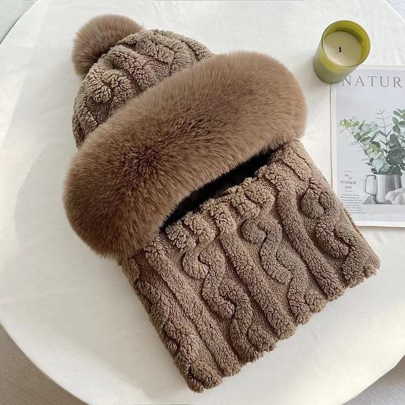 Thickened One Piece Hat for Women Winter Fur Ball Twist Neck Scarf Hat  One Piece Cycling Warm and Windproof High Quality Plush Hat