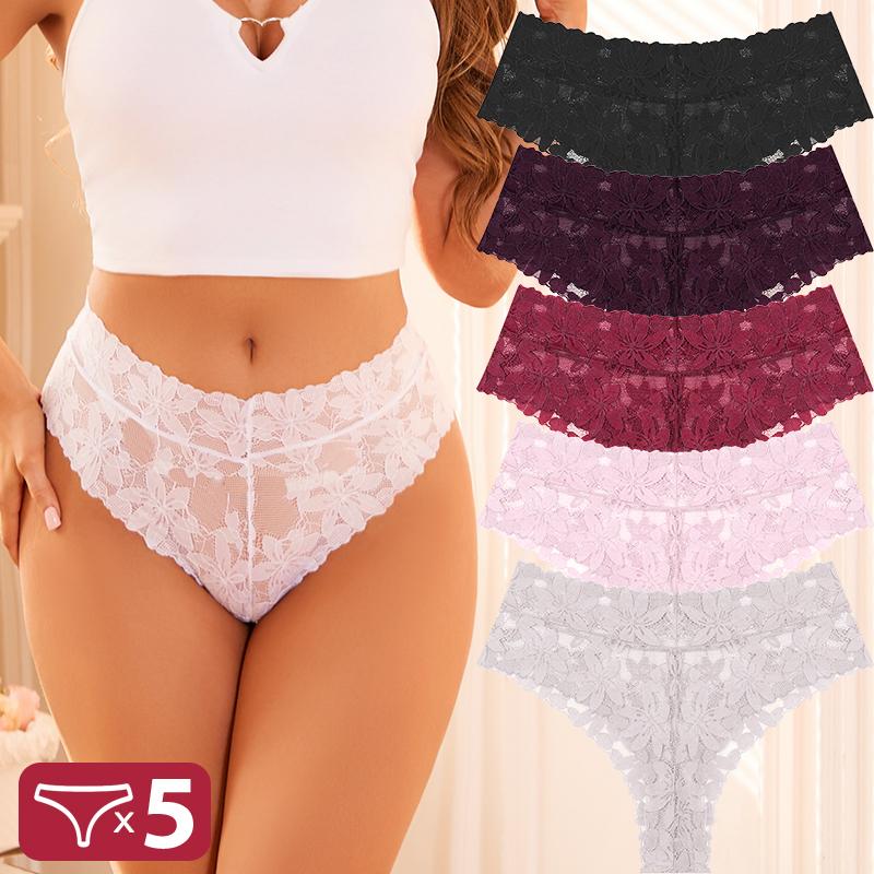 FINETOO 5 Bucăți Tanga Sexy din Dantelă Femei Chiloți cu Talie Joasă Sexy Moi Lenjerie Intimă Doamne Chiloți Florali Trendy Lenjerie Intimă Femei