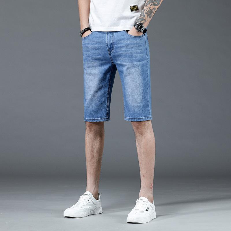 Denim shorts men's summer loose straight-leg five-quarter pants Korean style trendy blue thin denim mid-pants
