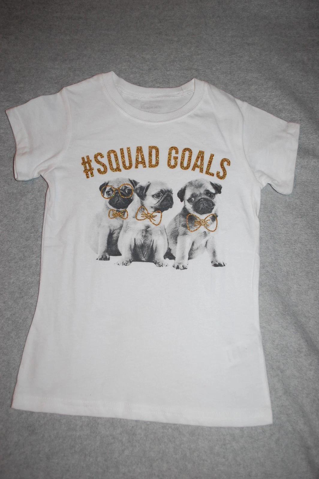 Girls White S/S T-Shirt # SQUAD GOALS Gold Glittr PUG DOGS Puppy 130