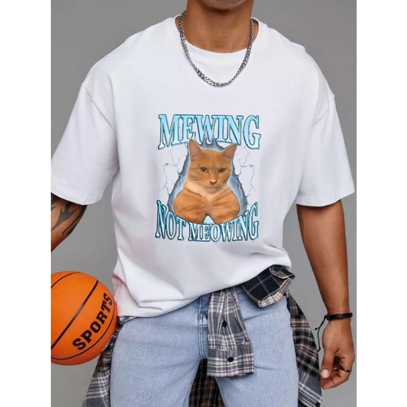 T-shirt à col rond blanc Imprimé graphique chat miaulant pas miaouant Vêtement décontracté pour hommes et femmes Tenue de tous les jours Mode streetwear
