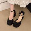 Fashion Hot Selling French Thick Heel High Heel Women's New 2025 Summer Thick Bottom Bow Mary Jane Cap Toe Sandals Rubber Sole round Toe