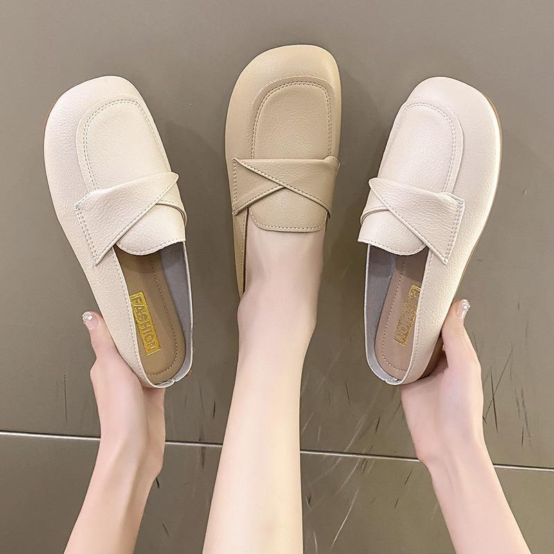 Fashion Classic Woman Square Closed Toe Slippers Summer Mules Flat Shoes Fashion Pu Leather Casual Sandals Women Wedding Shoes De Mujer