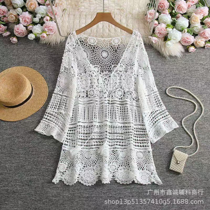 Cardigan tricoté à lacets ajourés motif fleur pour femme, nouveau haut court style bohème pour l'été, châle long à manches longues