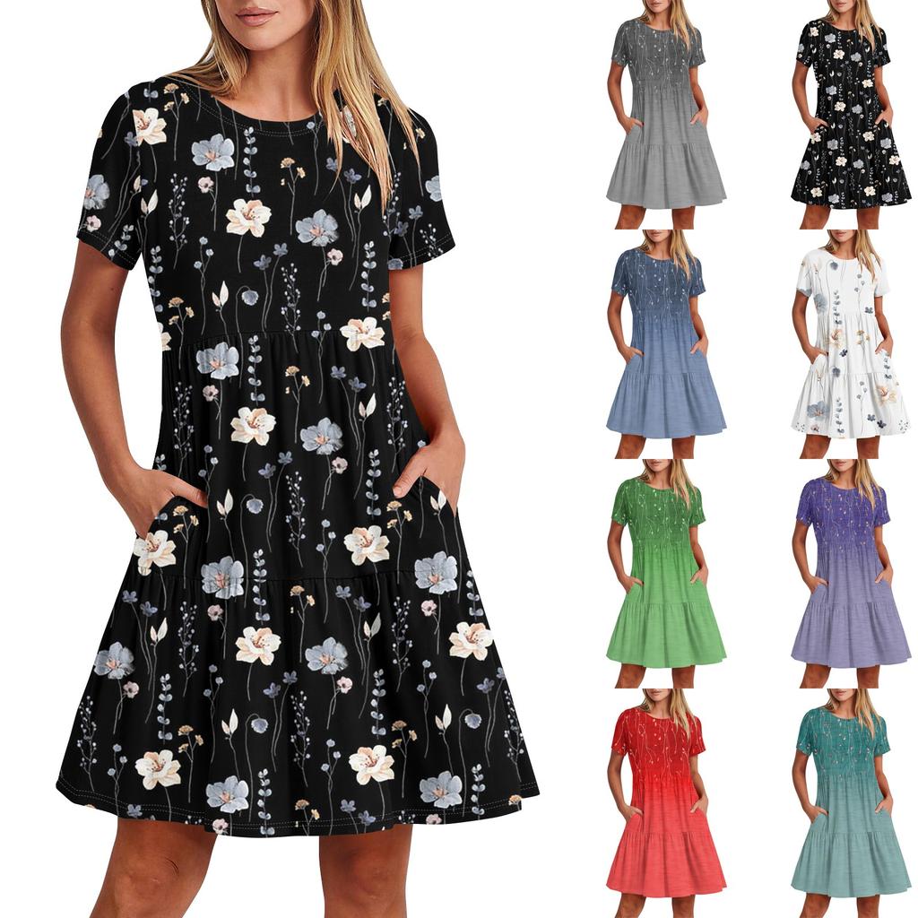 Dámské neformální módní šaty Midi s kulatým výstřihem a krátkým rukávem s potiskem a kapsou